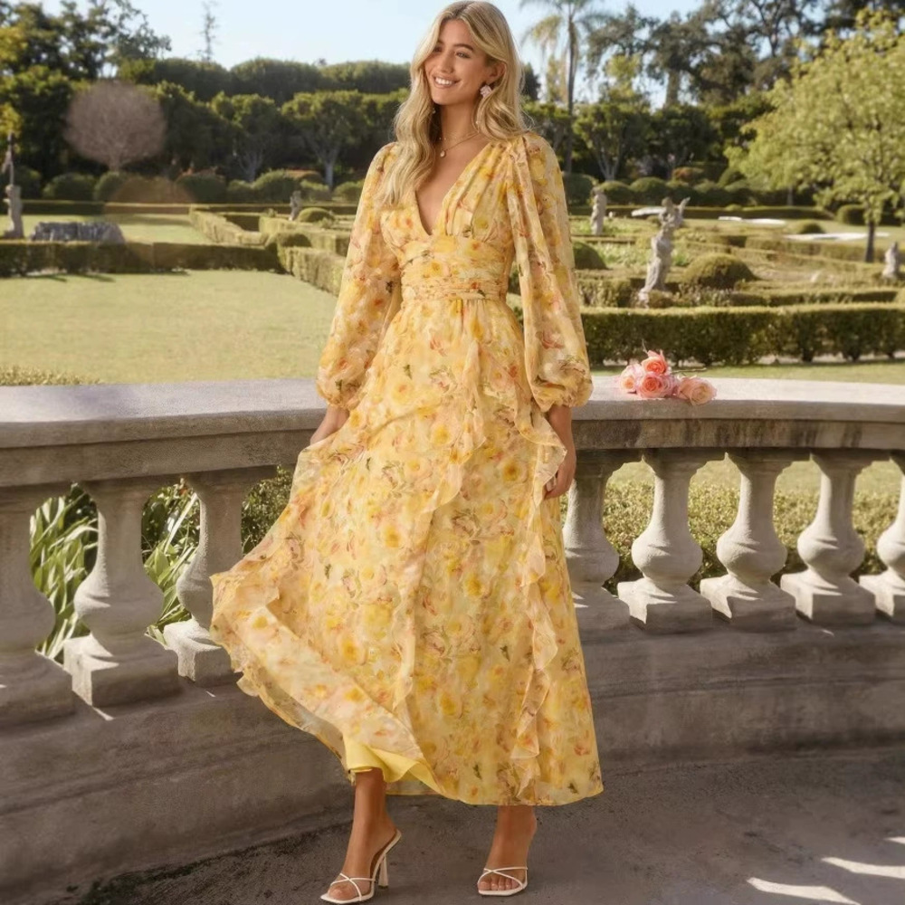 Zara Australian Yellow Floral Stand Collar Button Front Tie Waist A-line Maxi